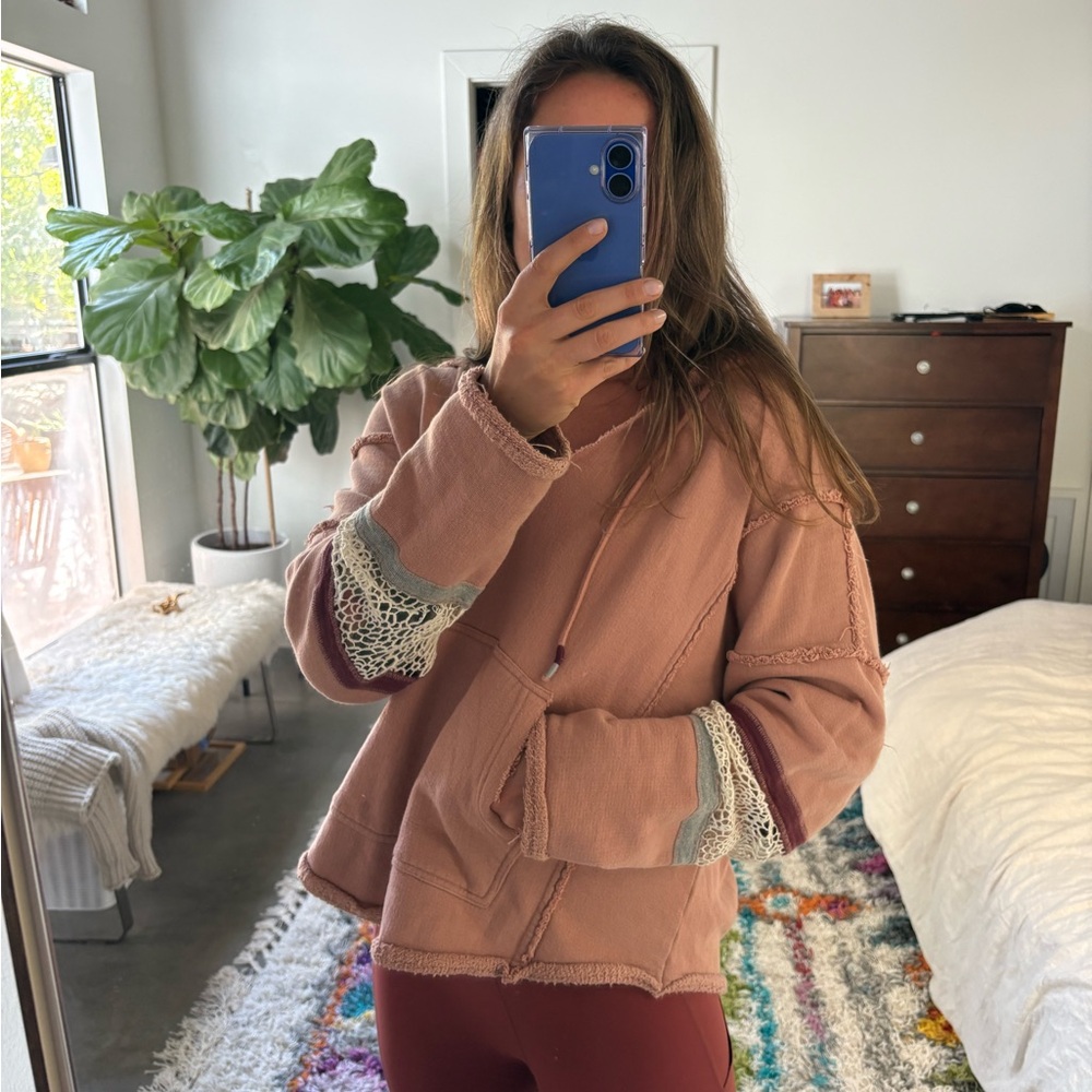 Free People Terracotta Hooded Sweatshirt with Lace Accents